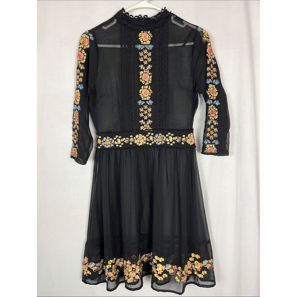 Miss Selfridge Black Sheer Embroidered Boho Long Sleeve Midi Dress